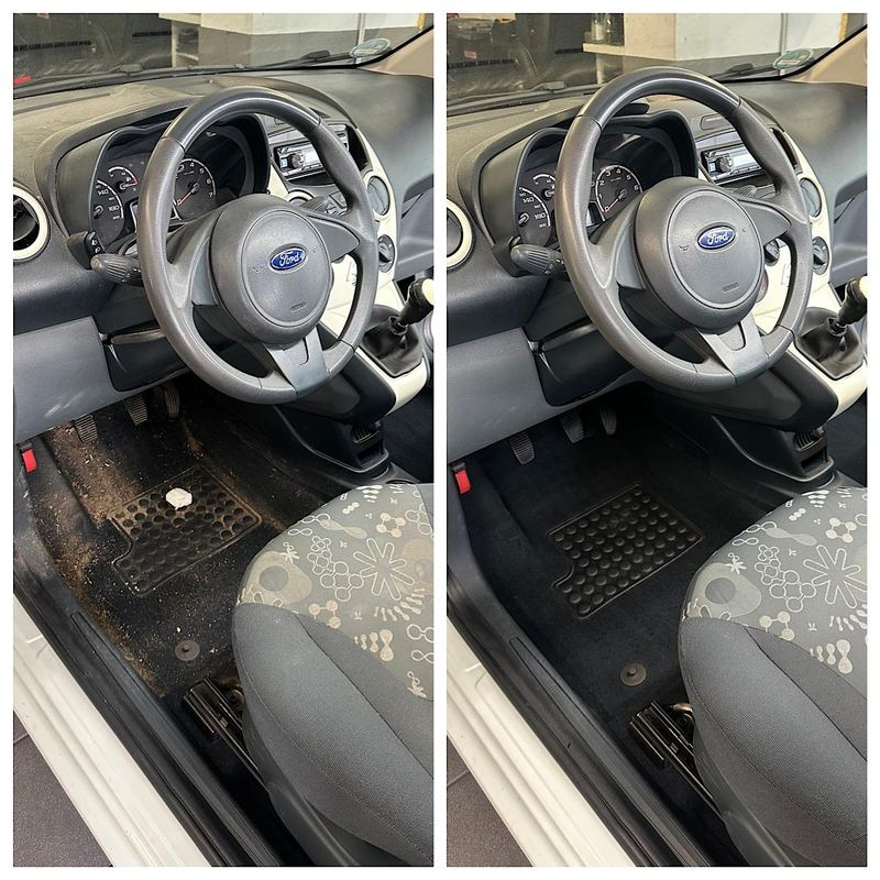 Innenreinigung Ford Ka, Fußraum vorher und nachher